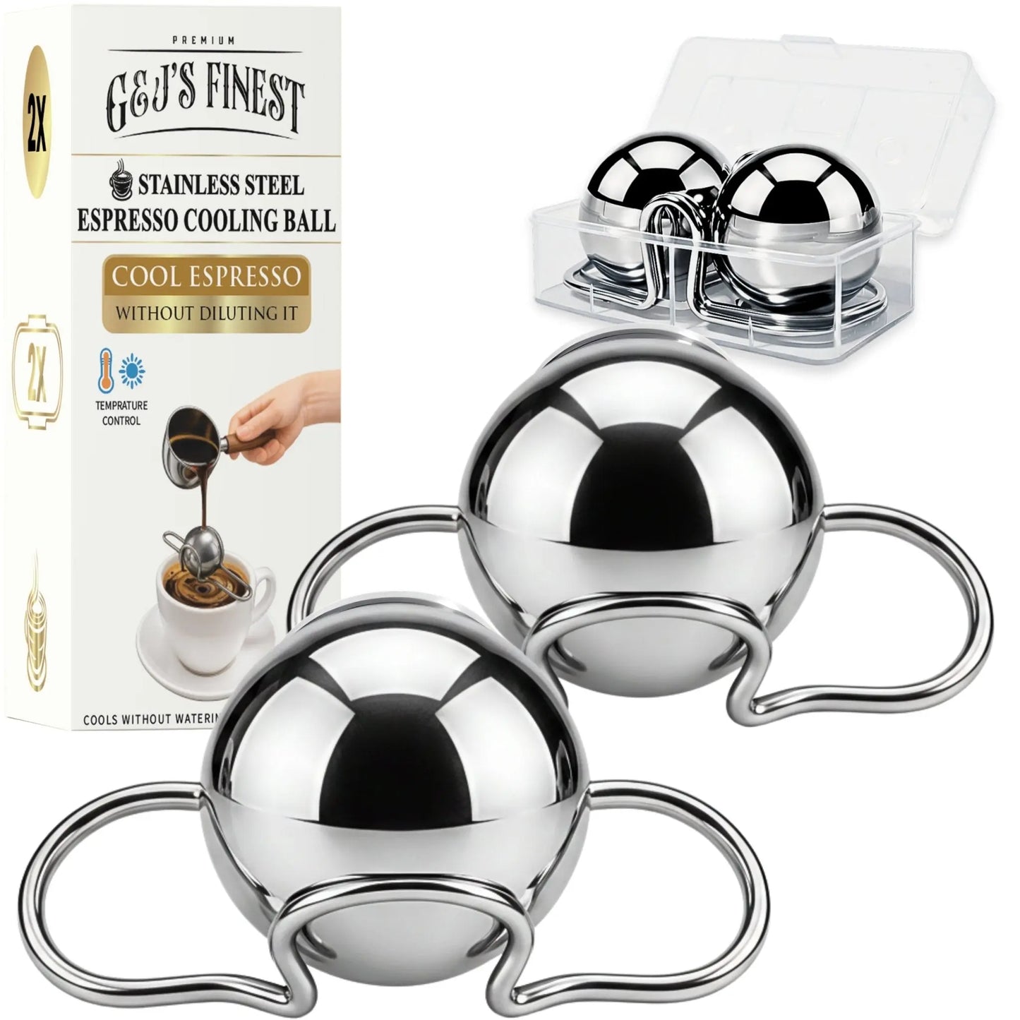 Two G & J's Finest stainless steel espresso cooling balls with a freezer container for cooling coffee or espresso shots.