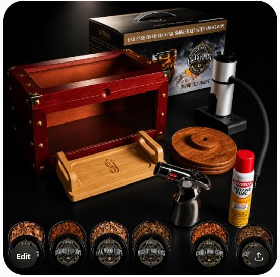 Cocktail Smoker Box with Torch & Butane — Whiskey Smoker Kit, 4-Flame Torch, 6 Flavor Wood Chips, 2 Windows — Old Fashioned Bourbon Smoker Kit, Gifts for Men, Dad, Whiskey Lovers, Bartenders