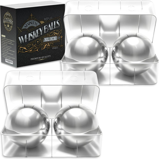 Premium Whiskey Balls Gift Set – 4 Stainless Steel (2 Large 2–2.2″ & 2 Small 1.5″) with Pouch & Tongs