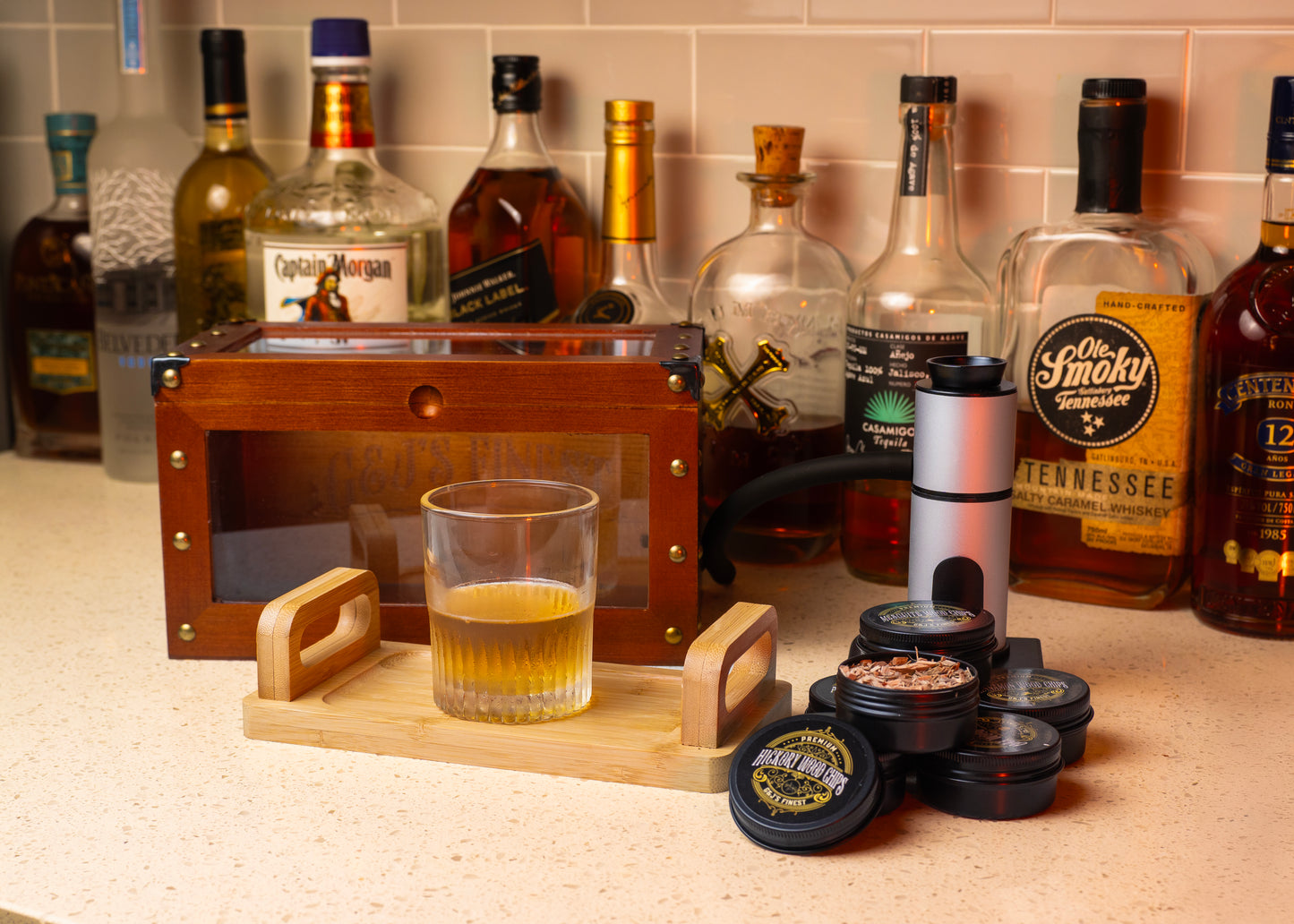 G&J's Finest Old Fashioned Whiskey Smoker Kit with Quad Torch, Lid, Scorch Shield & Case- for Bourbon Cocktail (Smoker Box, No Butane)