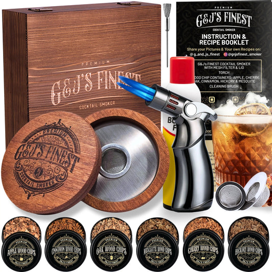 Whiskey Smoker Kit with Quad Torch, 6 Wood Chips & Wood Box & Butane - G & J's Finest