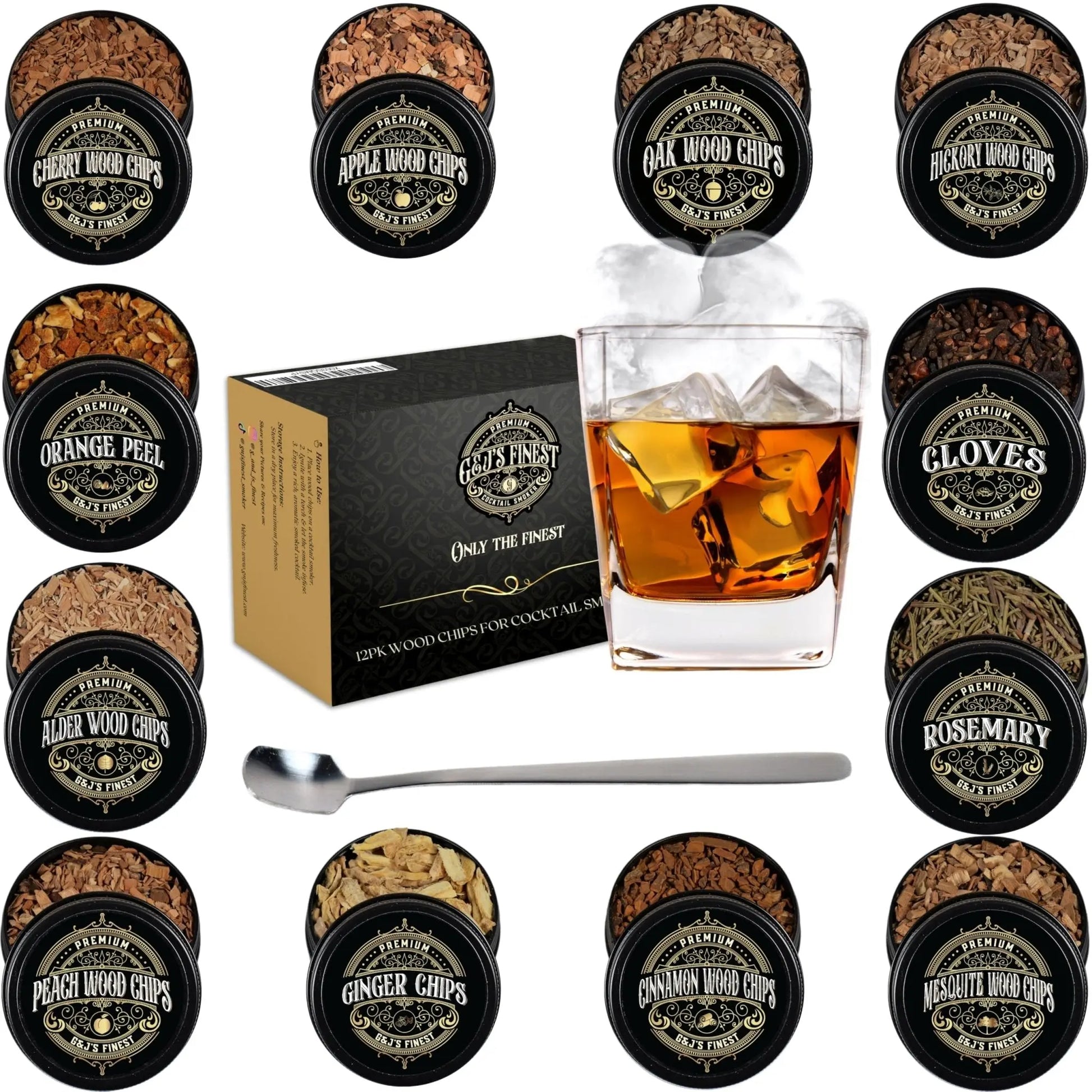 12 Pack Natural Wood Chips for Smoked Cocktails, Meats, Cheese & More - G & J's Finest12 Flavor Sampler Wood Chips