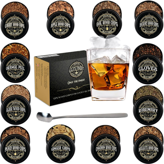 12-pack of G & J's Finest natural wood chips for smoking cocktails, meats, and cheese in a rustic, wooden container.