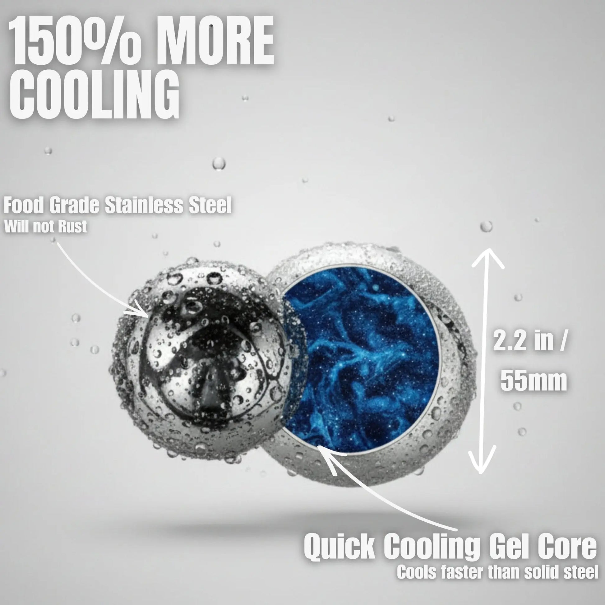 G & J's Finest 2-pack XL espresso cooling balls with freezer container, designed to keep beverages cold and fresh.