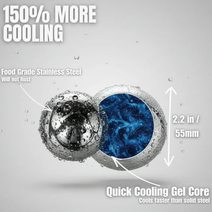 G & J's Finest 2-pack XL espresso cooling balls with freezer container, designed to keep beverages cold and fresh.