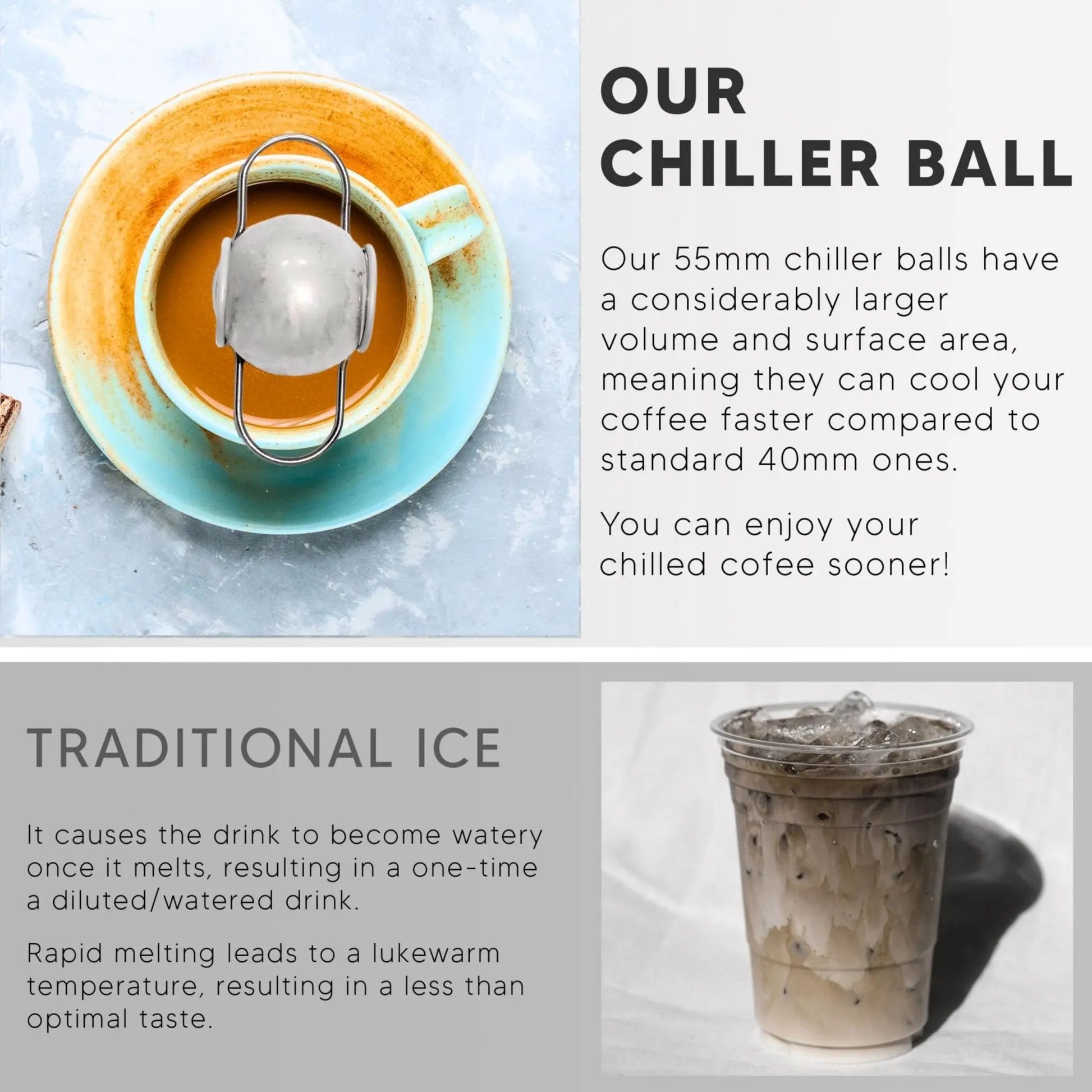 Two XL espresso cooling balls with a freezer container by G & J's Finest for keeping beverages cold