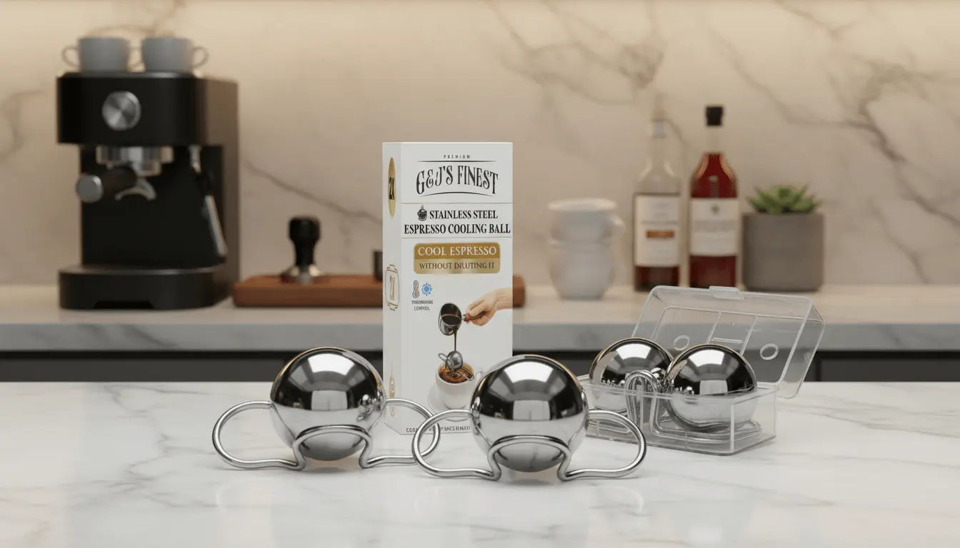 G & J's Finest 2-pack XL espresso cooling balls with freezer container for chilling coffee and beverages, shown in the image.