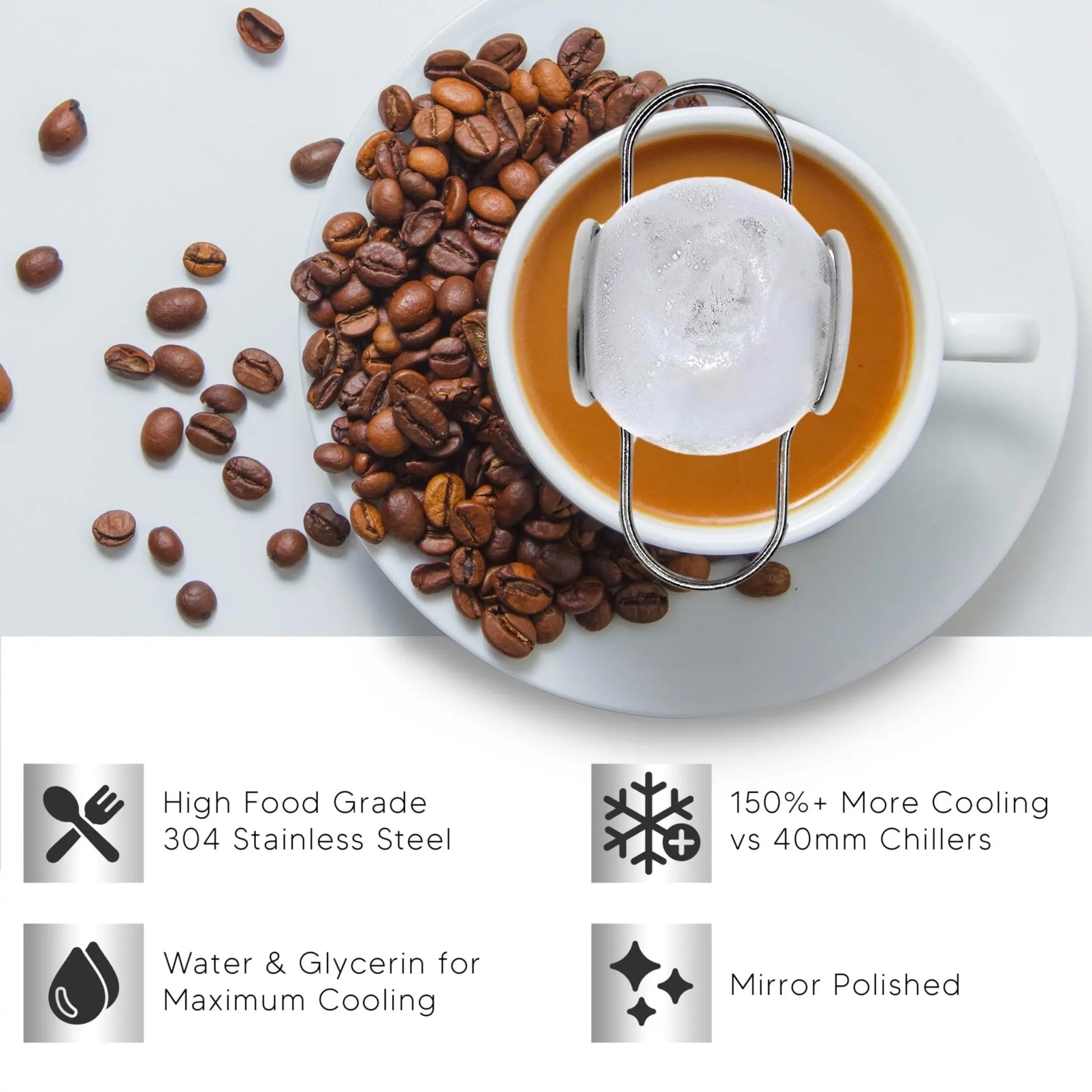 G & J's Finest 2-pack XL espresso cooling balls with freezer container for keeping coffee cold and fresh.