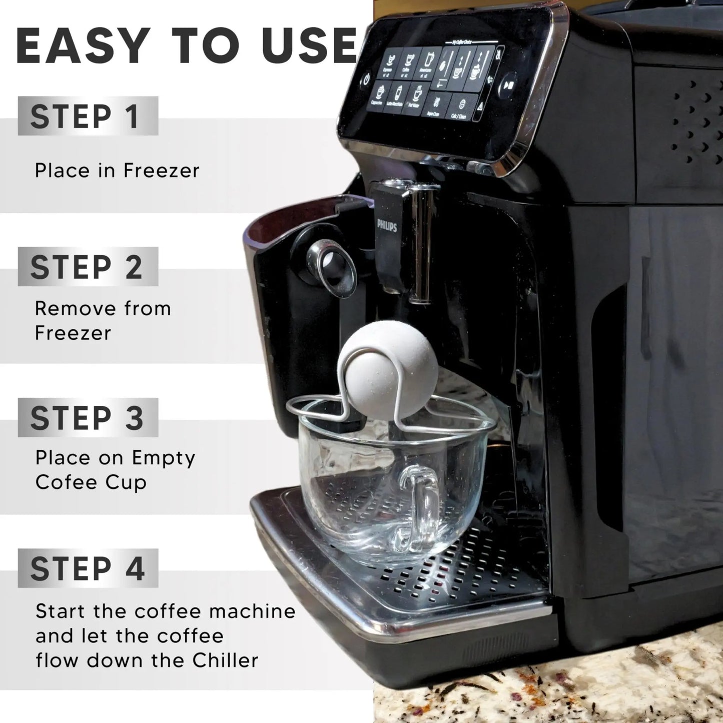Two XL espresso cooling balls inside a freezer container by G & J's Finest, designed to keep coffee cold without watering down.