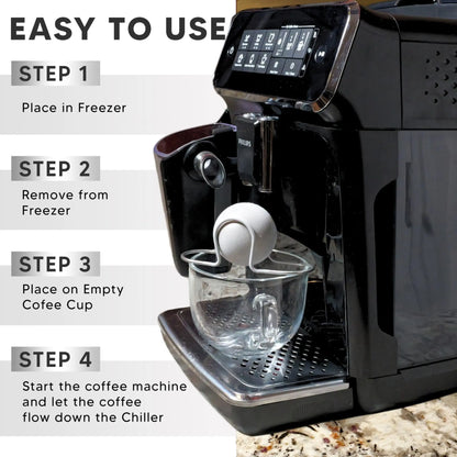 Two XL espresso cooling balls inside a freezer container by G & J's Finest, designed to keep coffee cold without watering down.