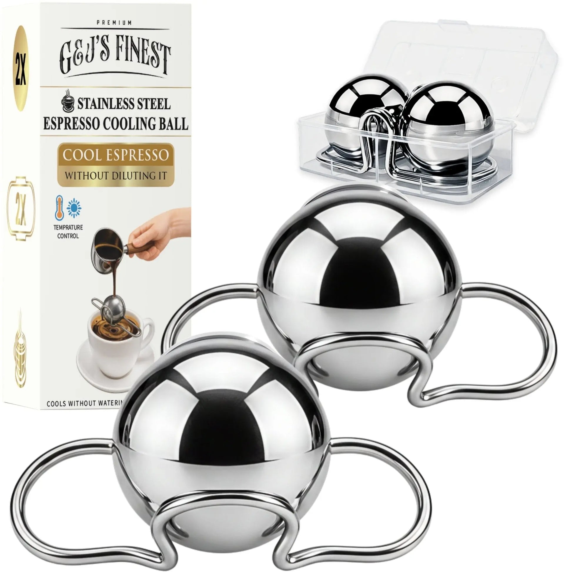 Two G & J's Finest stainless steel espresso cooling balls with a freezer container for cooling coffee or espresso shots.