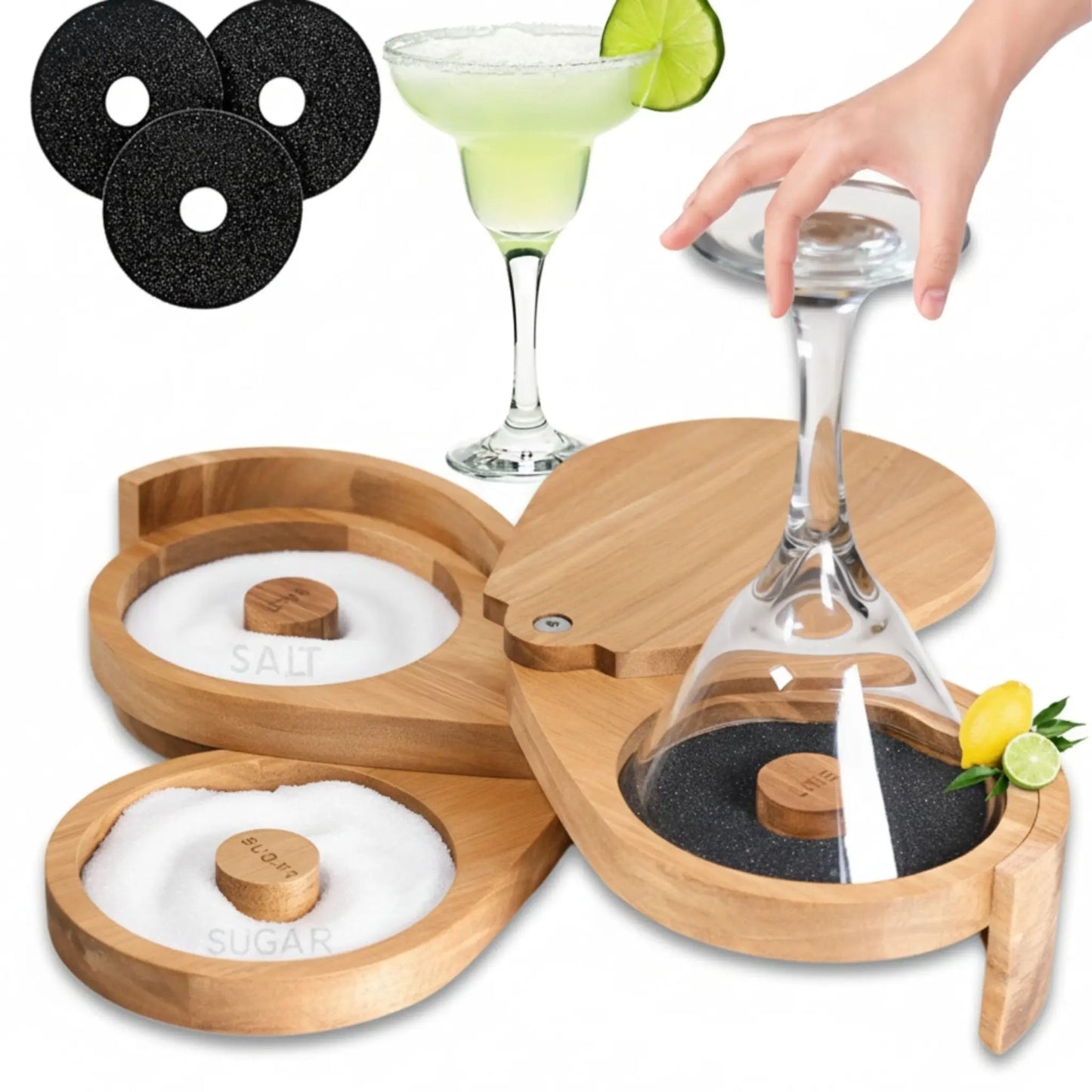 3 Tier Bamboo Margarita Salt Rimmer Set w/ 3 Sponges - G & J's FinestBamboo Wood With Sponges