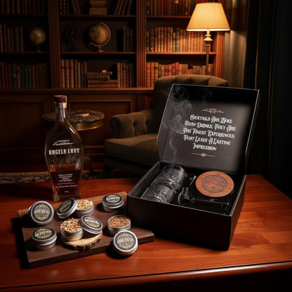 Bottle of Angel Envy bourbon and a set of cocktail shakers on a wooden table with a bookshelf in the background.
