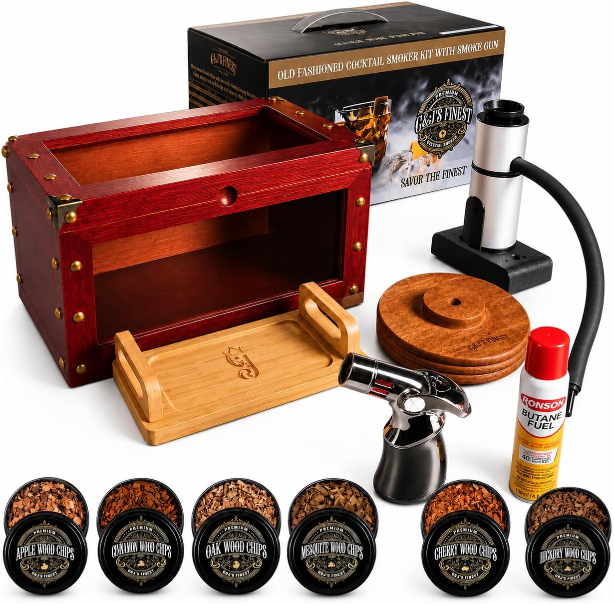 Cocktail Smoker Box with Torch & Butane — Whiskey Smoker Kit, 4-Flame Torch, 6 Flavor Wood Chips, 2 Windows — Old Fashioned Bourbon Smoker Kit, Gifts for Men, Dad, Whiskey Lovers, Bartenders