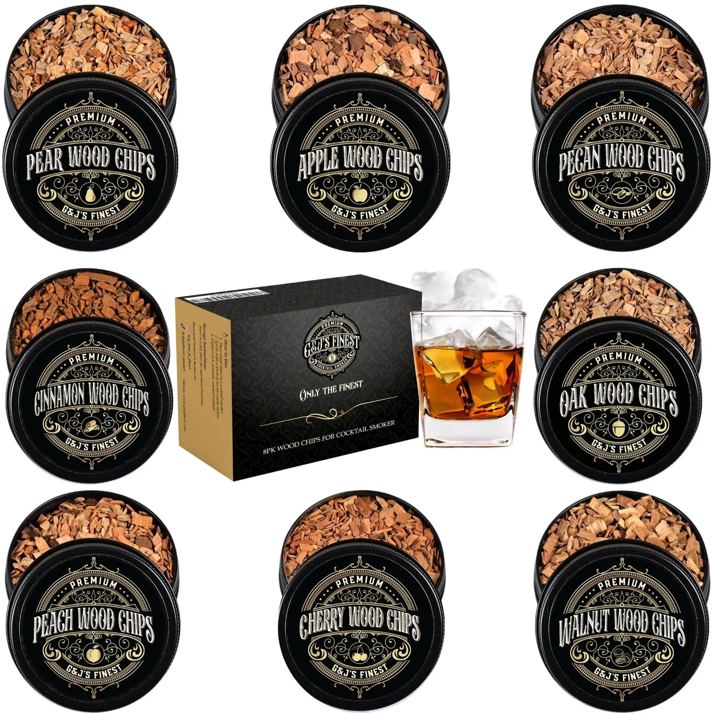 8 Pack Natural Wood Chips for Smoked Cocktails, Meats, Cheese & More - G & J's Finest8 Flavor Sampler Wood Chips