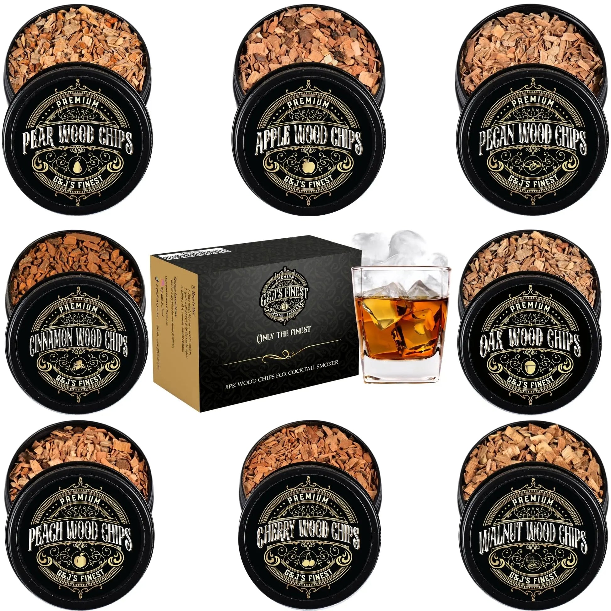 8 Pack Natural Wood Chips for Smoked Cocktails, Meats, Cheese & More - G & J's Finest8 Flavor Sampler Wood Chips