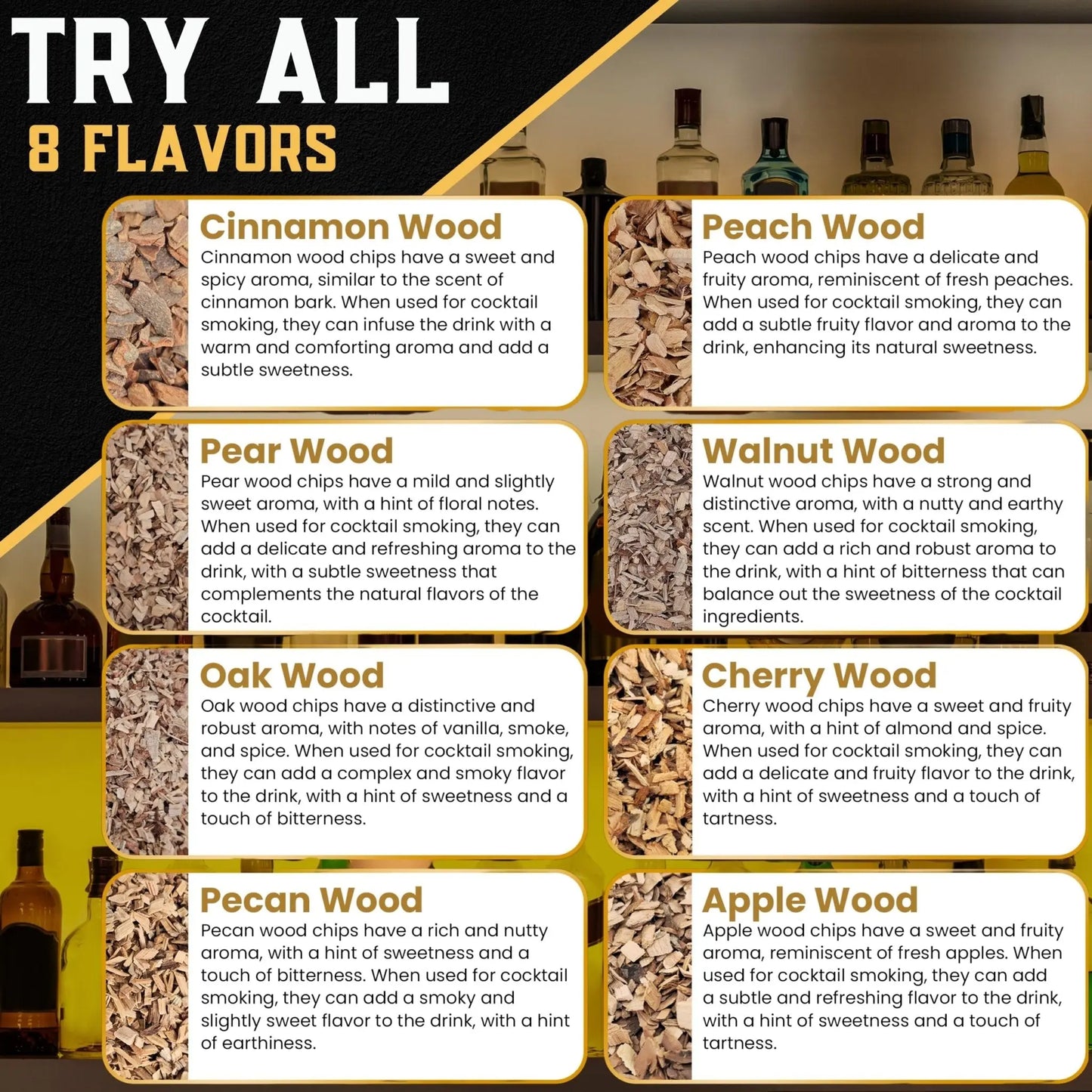 8 Pack Natural Wood Chips for Smoked Cocktails, Meats, Cheese & More - G & J's Finest8 Flavor Sampler Wood Chips
