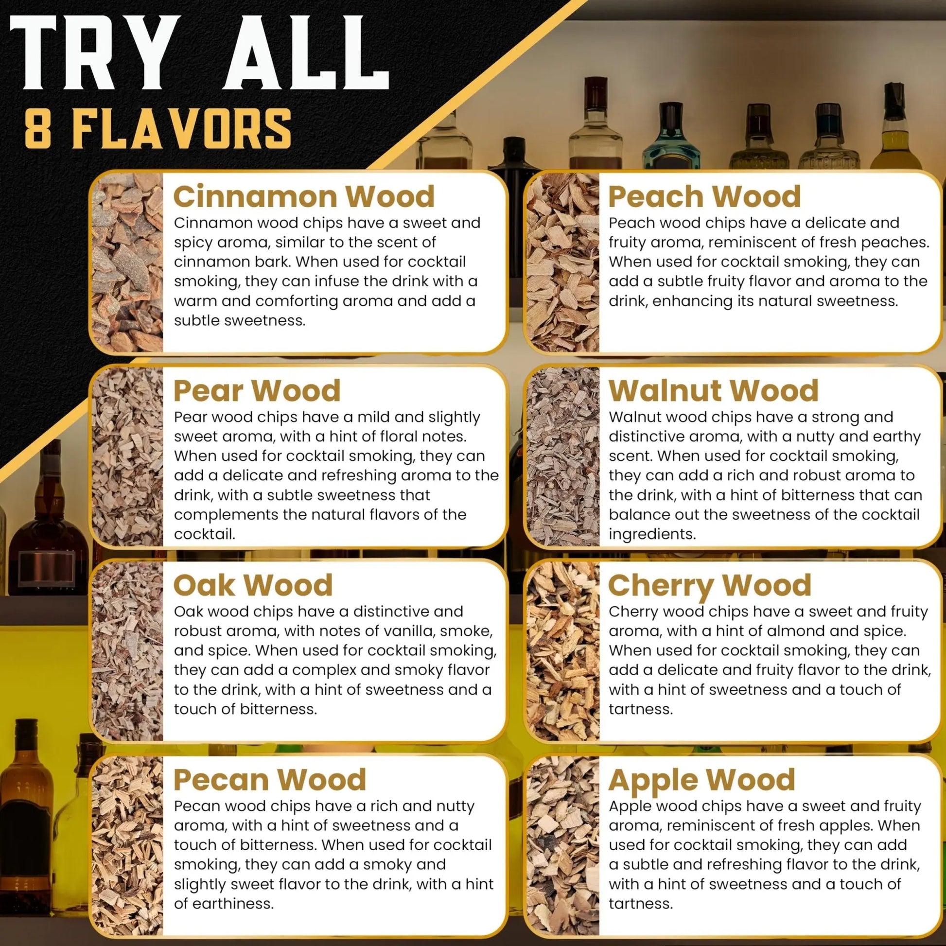8 Pack Natural Wood Chips for Smoked Cocktails, Meats, Cheese & More - G & J's Finest8 Flavor Sampler Wood Chips