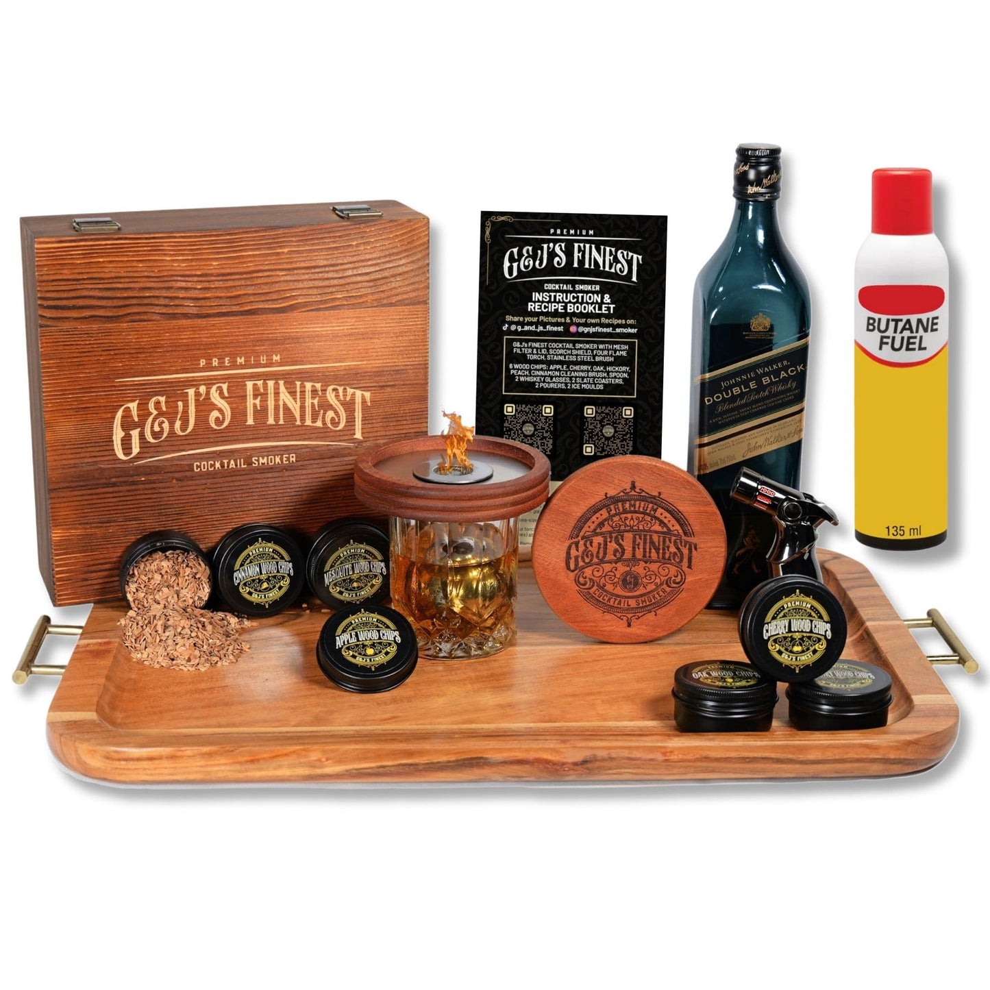 Whiskey Smoker Kit | Cocktail Smoker Kit with Quad Flame Torch, Scorch Shield, Lid, 6 Wood Chips & Wooden Box for Smoked Old Fashioned| Bourbon Smoker| Whiskey Gift for Men (Butane is Included)