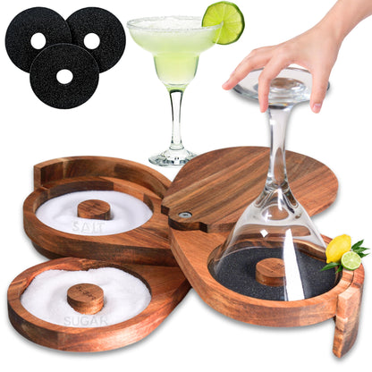 Margarita Salt Rimmer Set for Cocktails | 3 Tier Acacia Wood Glass Rimmer for Salt/Sugar/Lime Seasoning for Bloody Mary, Tequila | Drink Accessories for Bar (With Sponges)