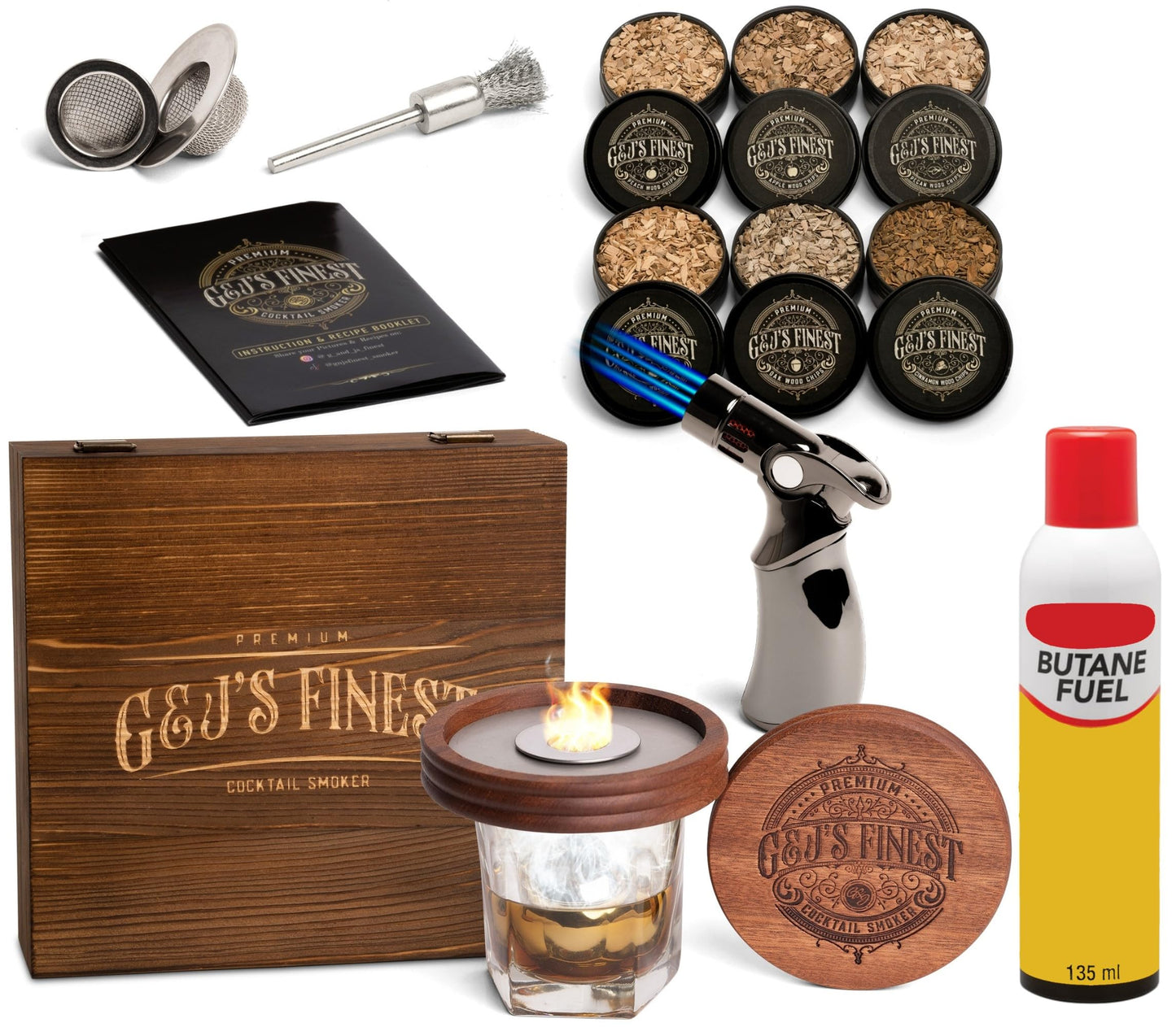 Whiskey Smoker Kit | Cocktail Smoker Kit with Quad Flame Torch, Scorch Shield, Lid, 6 Wood Chips & Wooden Box for Smoked Old Fashioned| Bourbon Smoker| Whiskey Gift for Men (Butane is Included)