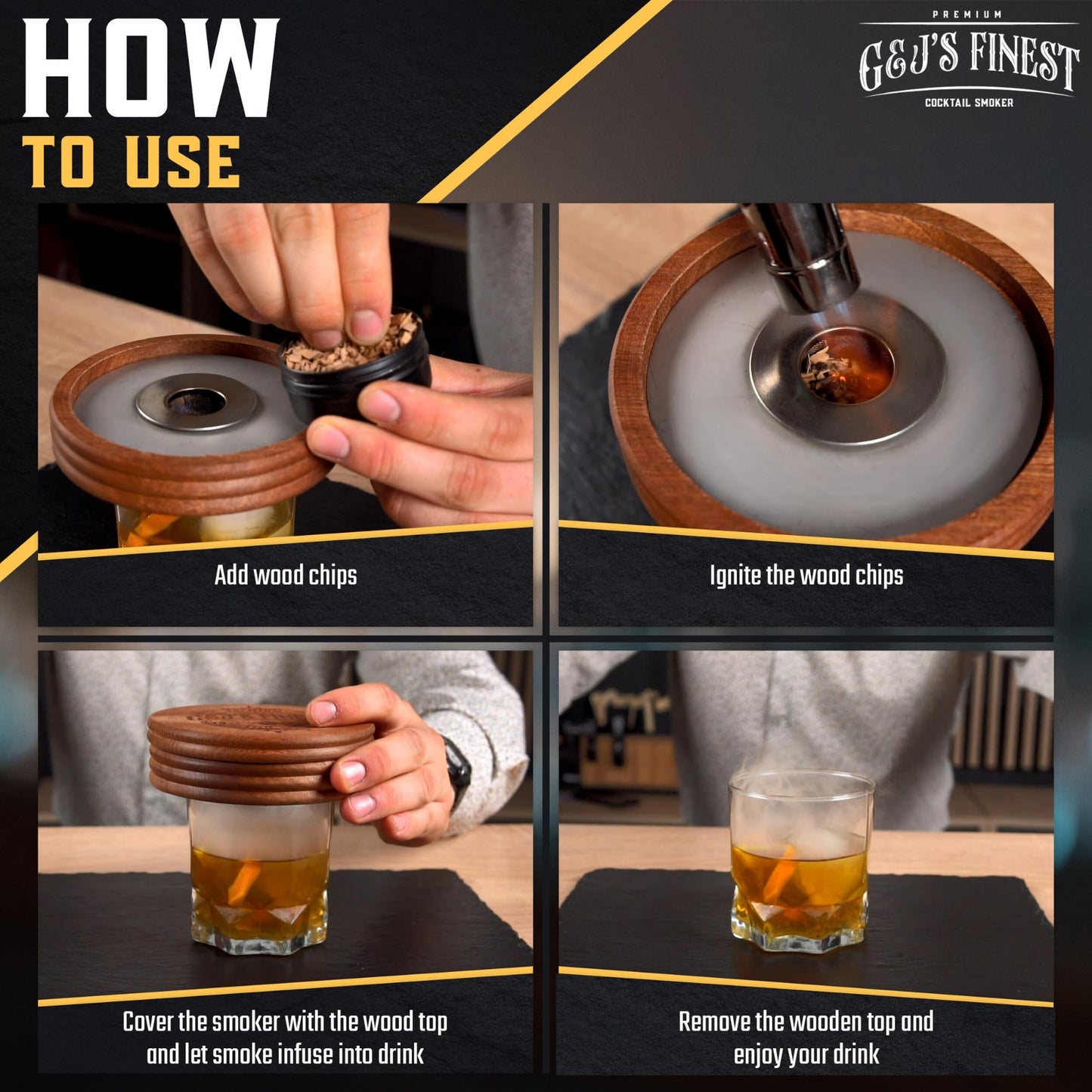 Whiskey Smoker Kit | Cocktail Smoker Kit with Quad Flame Torch, Scorch Shield, Lid, 6 Wood Chips & Wooden Box for Smoked Old Fashioned| Bourbon Smoker| Whiskey Gift for Men (Butane is Included)