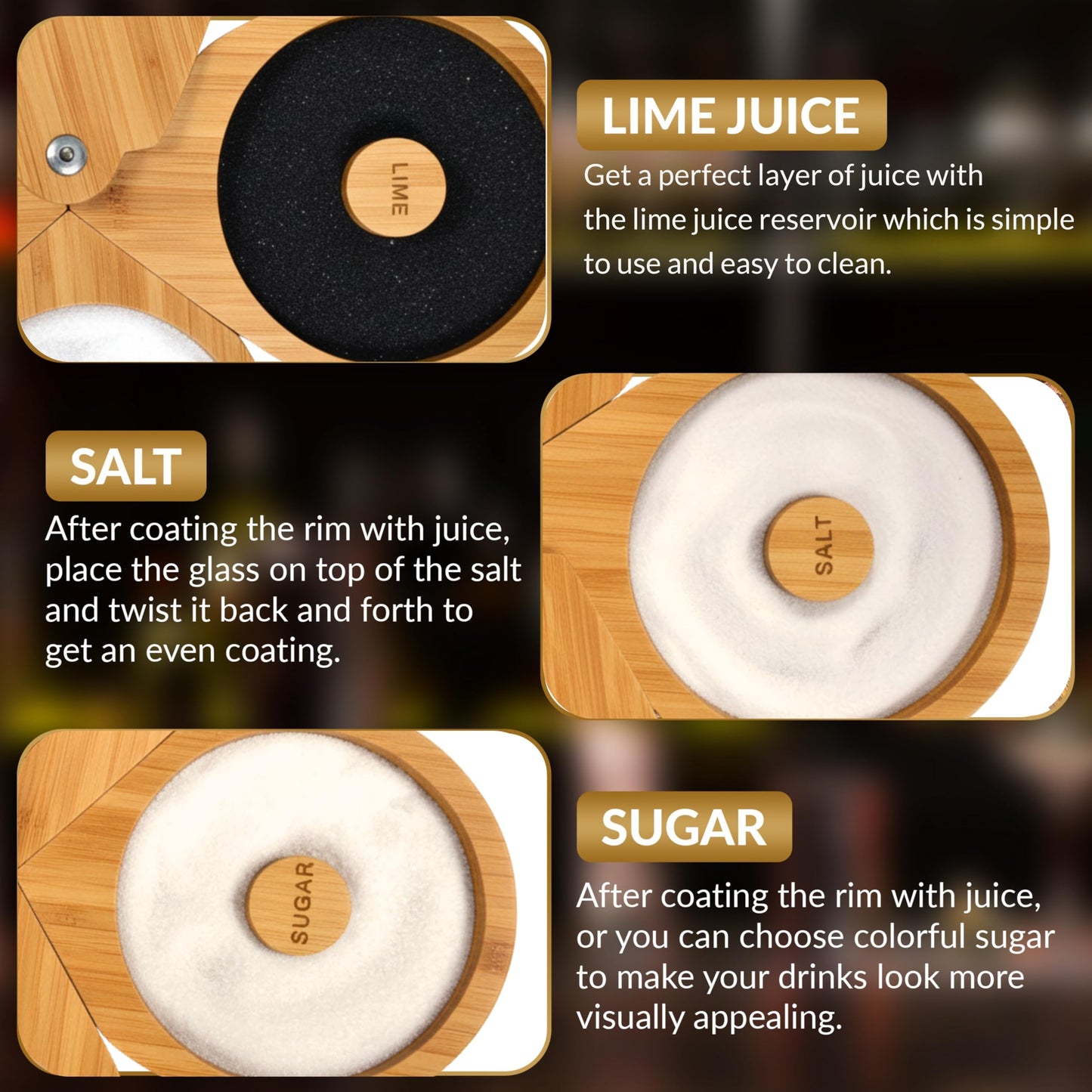 Margarita Salt Rimmer Set, 3 Tier Bamboo Rimmer for Glass Rims with Sponges