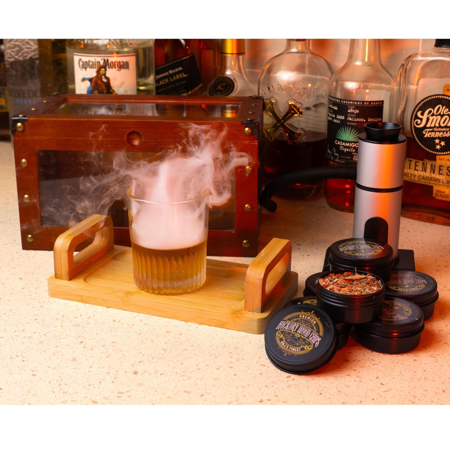 G&J's Finest Old Fashioned Whiskey Smoker Kit with Quad Torch, Lid, Scorch Shield & Case- for Bourbon Cocktail (Smoker Box, No Butane)
