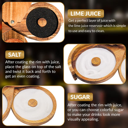 Margarita Salt Rimmer Set for Cocktails | 3 Tier Acacia Wood Glass Rimmer for Salt/Sugar/Lime Seasoning for Bloody Mary, Tequila | Drink Accessories for Bar (With Sponges)