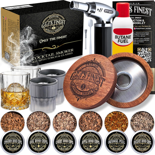 Whiskey Smoker Kit with 3 Flame Torch and Glasses, 6 Wood Chips & Gift Box (With Butane)