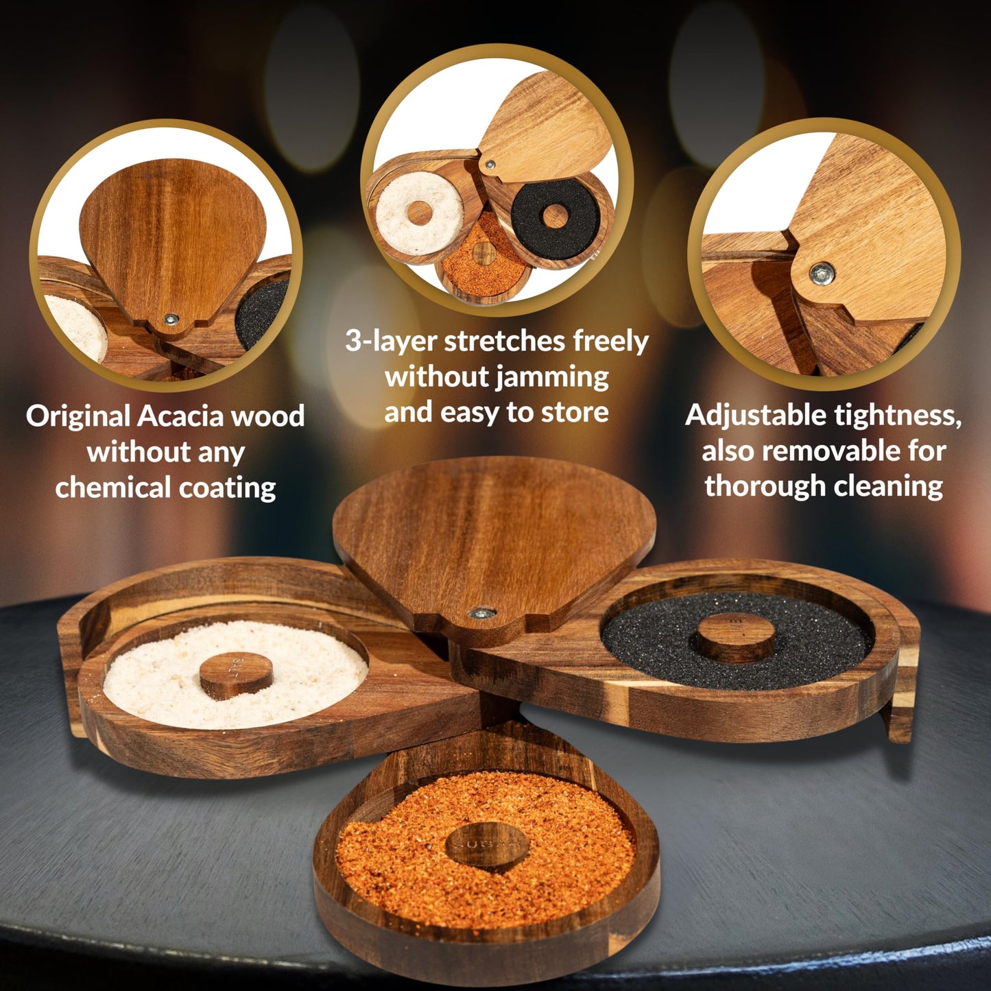 Margarita Salt Rimmer Set for Cocktails | 3 Tier Acacia Wood Glass Rimmer for Salt/Sugar/Lime Seasoning for Bloody Mary, Tequila | Drink Accessories for Bar (With Sponges)