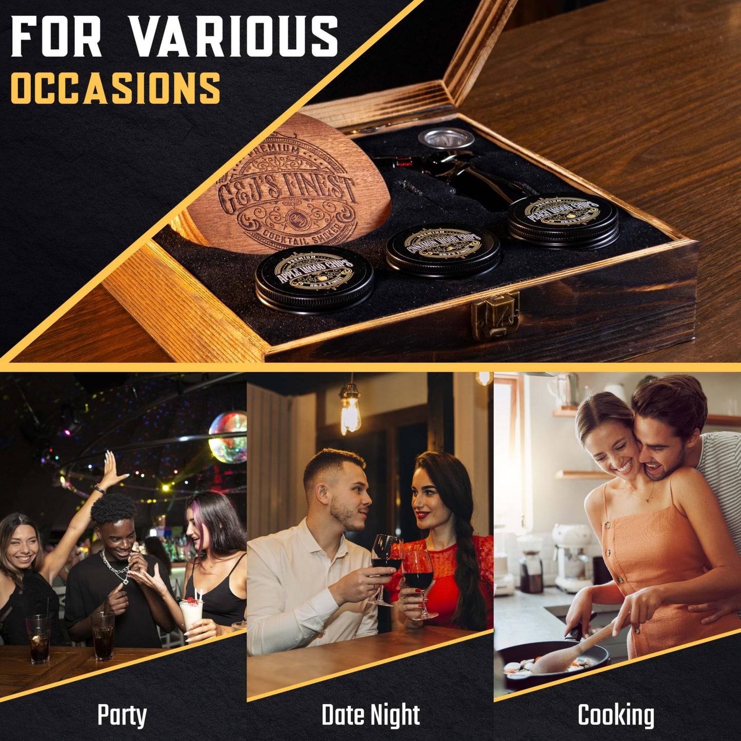 Whiskey Smoker Kit | Cocktail Smoker Kit with Quad Flame Torch, Scorch Shield, Lid, 6 Wood Chips & Wooden Box for Smoked Old Fashioned| Bourbon Smoker| Whiskey Gift for Men (Butane is Included)