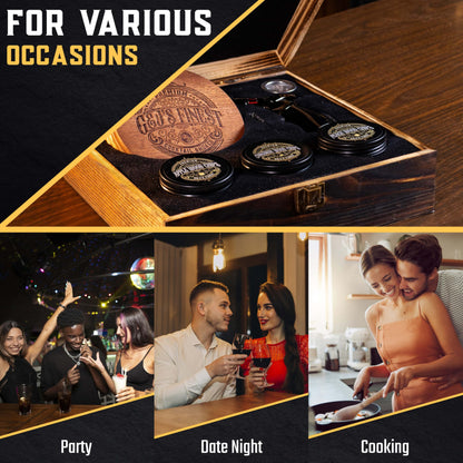 Whiskey Smoker Kit | Cocktail Smoker Kit with Quad Flame Torch, Scorch Shield, Lid, 6 Wood Chips & Wooden Box for Smoked Old Fashioned| Bourbon Smoker| Whiskey Gift for Men (Butane is Included)
