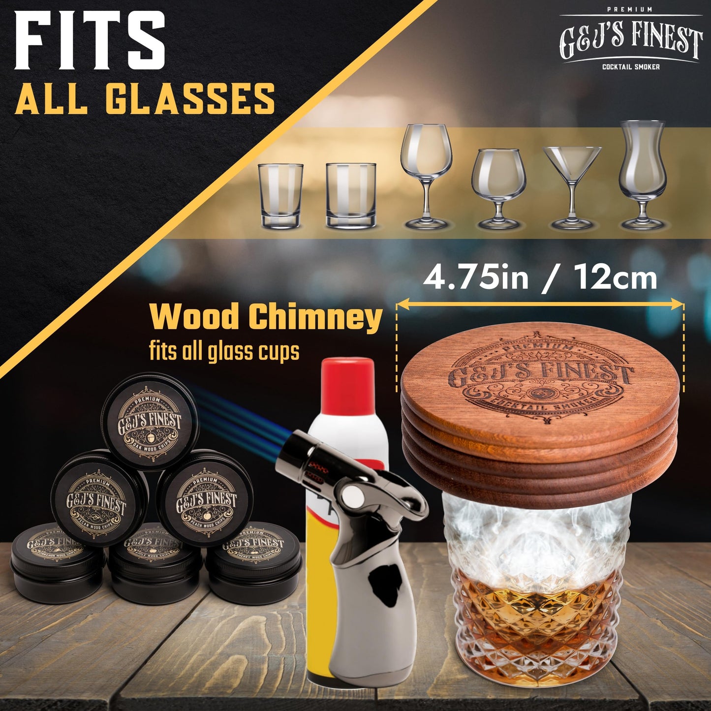 Whiskey Smoker Kit | Cocktail Smoker Kit with Quad Flame Torch, Scorch Shield, Lid, 6 Wood Chips & Wooden Box for Smoked Old Fashioned| Bourbon Smoker| Whiskey Gift for Men (Butane is Included)