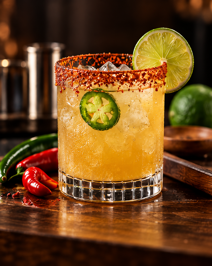 Tequila drink with a salt, lime and chili rim