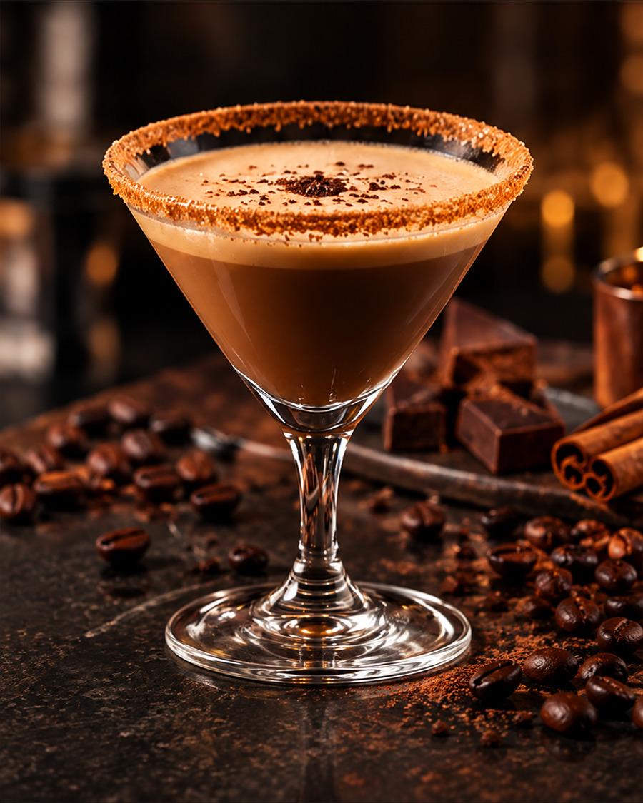Dessert drink with a sugar, cinnamon or cocoa rim
