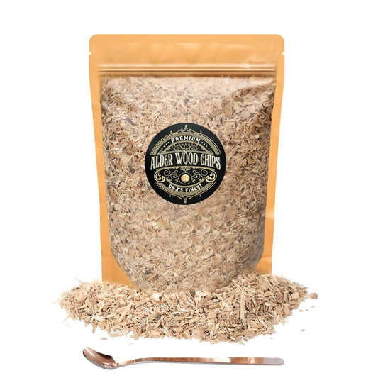 G & J's Finest Alder Wood Chips in a bag, showing small, natural wood chips ideal for grilling or smoking meat.