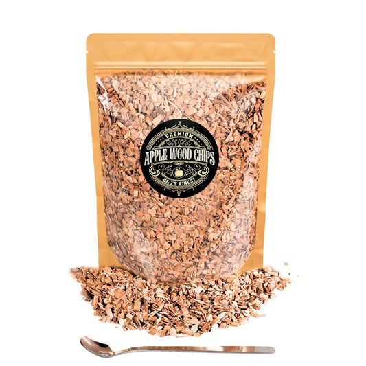 Apple wood chips from G & J's Finest shown in a clear bag for smoking and grilling.