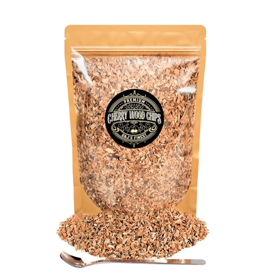 G & J's Finest cherry wood chips in a bag for smoking and grilling, with reddish-brown wood pieces visible.