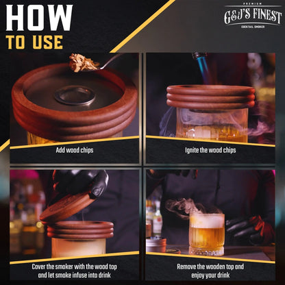 G & J's Finest cherrywood whiskey smoker kit with wood box, including smoker chips and accessories for flavorful whiskey infusion.