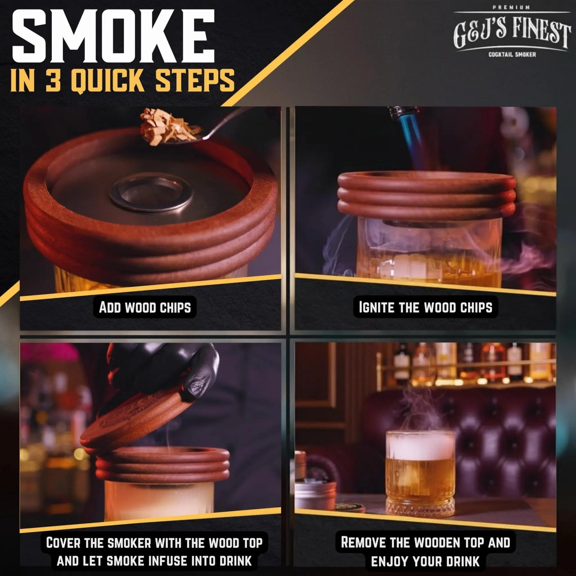 How-to infographic guide showing how to place a smoker top on a glass, ignite chips, and add smoke.