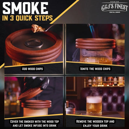 How-to infographic guide showing how to place a smoker top on a glass, ignite chips, and add smoke.