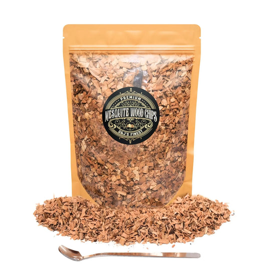 G & J's Finest Mesquite wood chips in a bag, ideal for grilling and smoking, with natural wood texture visible in the image.
