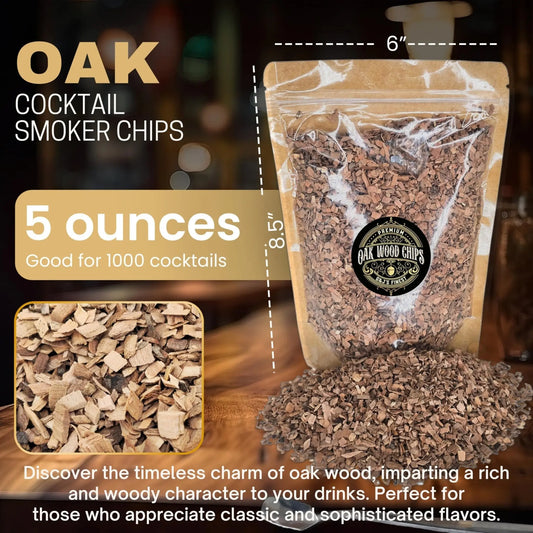 G & J's Finest oak wood chips for smoking and grilling, shown in a close-up image with textured, natural oak wood pieces