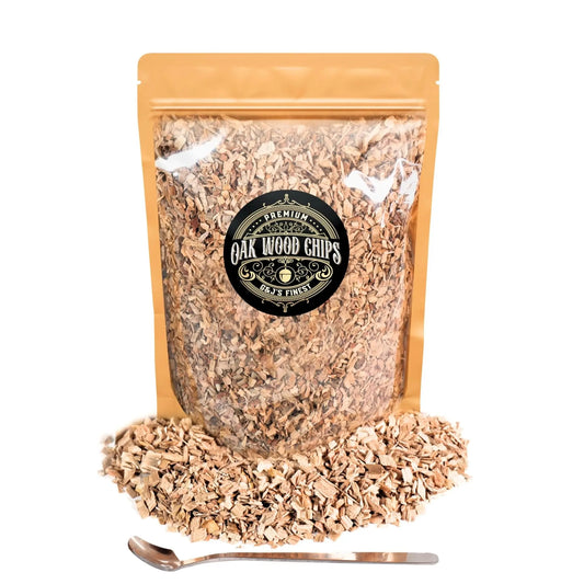 G & J's Finest oak wood chips in a clear bag, showing small, natural oak wood pieces for smoking or grilling.