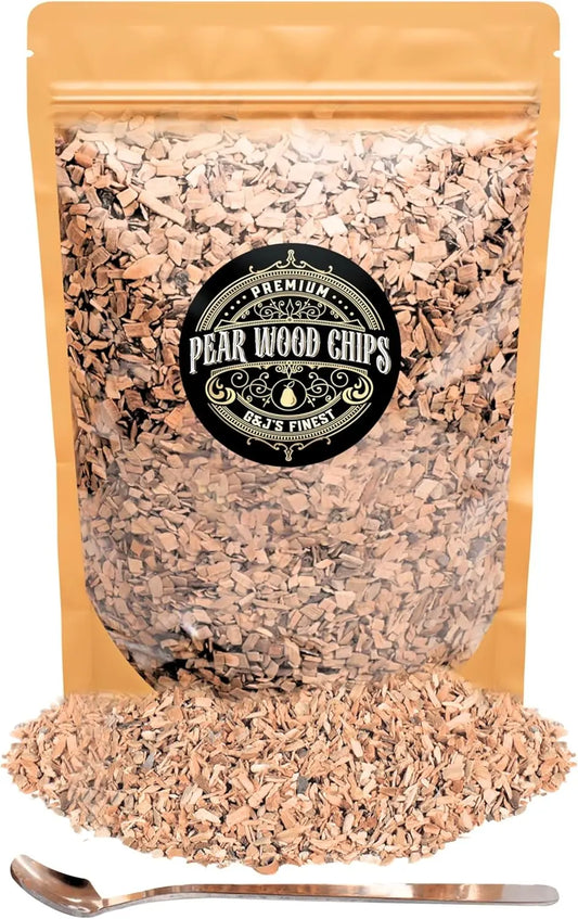 G & J's Finest Pear wood chips in a bag, showing natural wood pieces for smoking and grilling flavor.