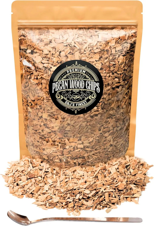 G & J's Finest pecan wood chips in a bag, ideal for smoking and grilling flavorful meats and vegetables.