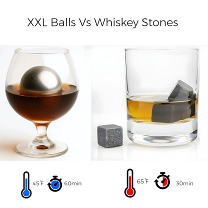G & J's Finest premium whiskey balls gift set with four whiskey stones, pouch, and tongs on a neutral background.