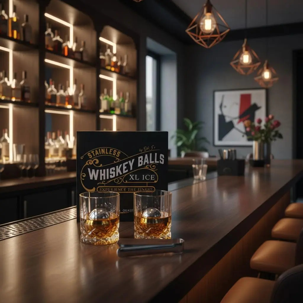 G & J's Finest premium whiskey balls gift set with four whiskey stones, pouch, and tongs for chilling spirits.