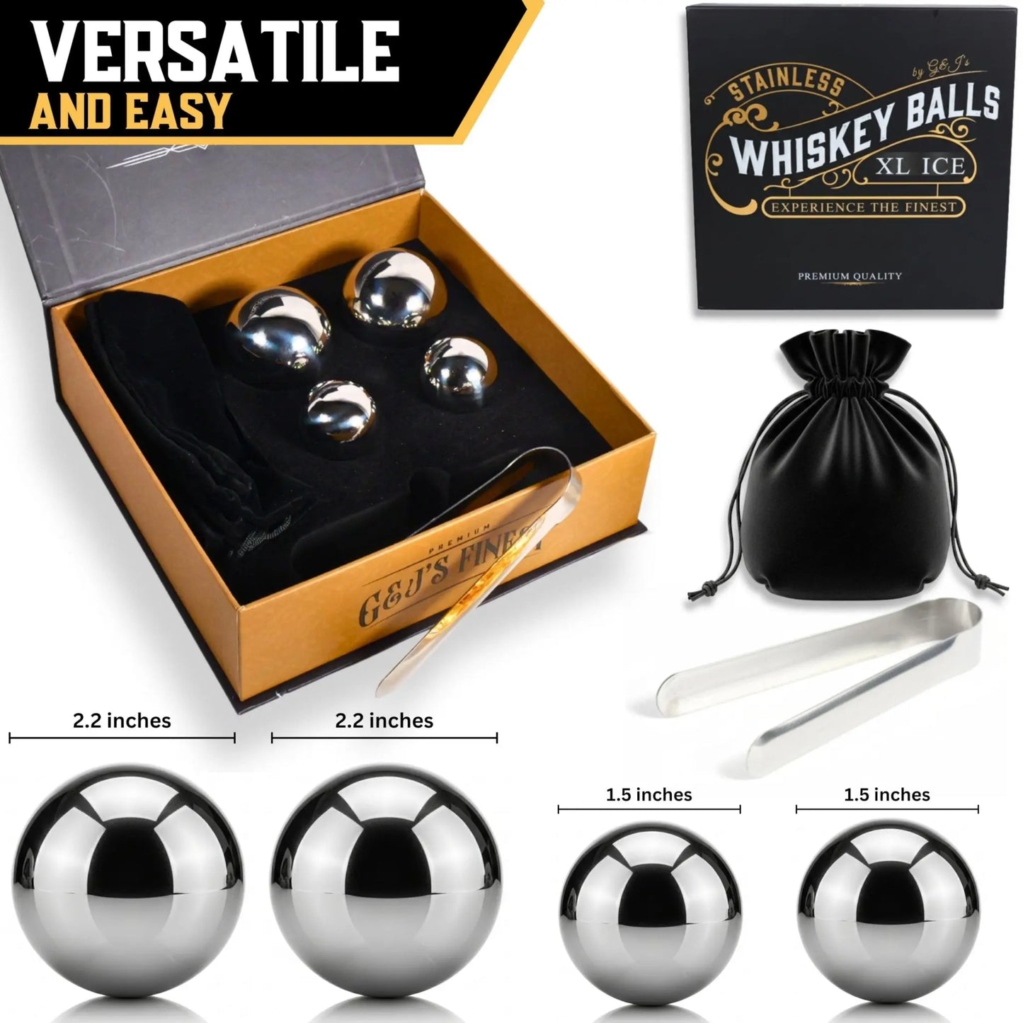 Set of four whiskey balls with pouch and tongs from G & J's Finest, arranged on a wooden surface for serving and presentation.